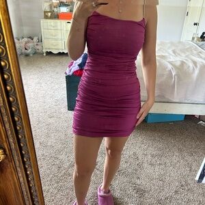 Lucy in the Sky Magenta Ruched Spaghetti Strap Mini Dress